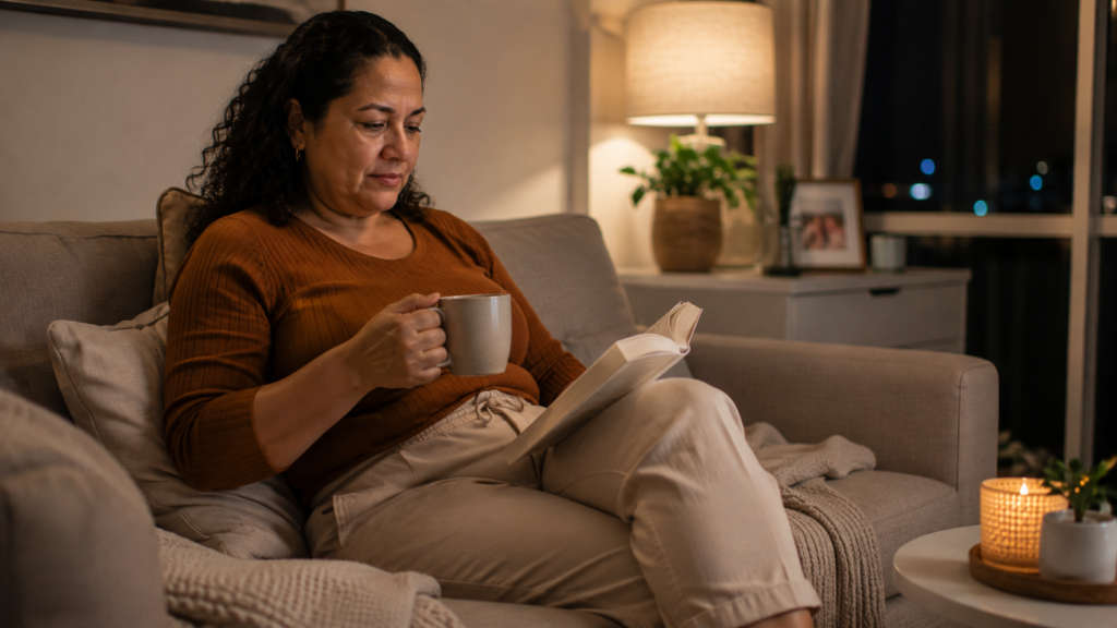 Mulher de meia-idade descansando confortavelmente em casa durante a noite.