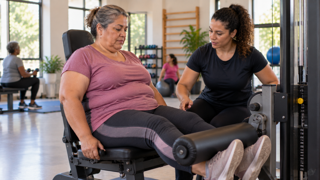 Mulher de meia-idade realizando treinamento de força sob orientação profissional.