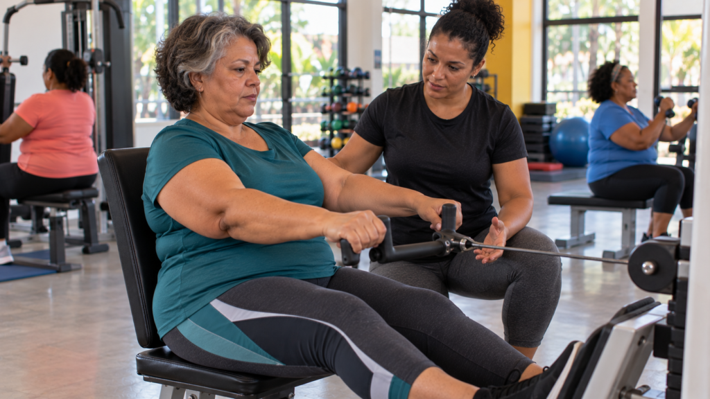 Mulher pós-menopáusica realizando exercício de resistência sob orientação.
