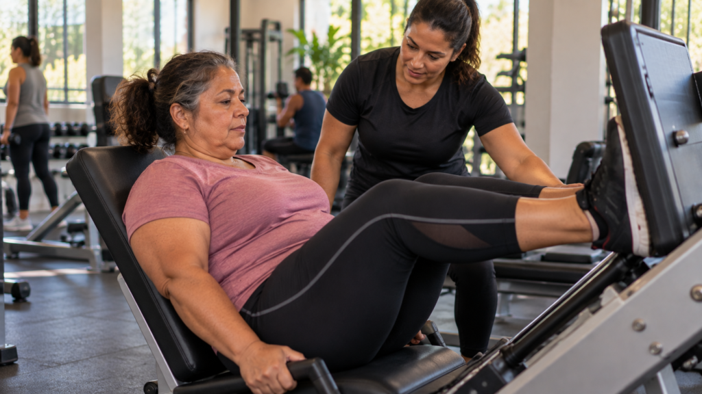Mulher pós-menopáusica realizando exercício de força em aparelho de leg press.