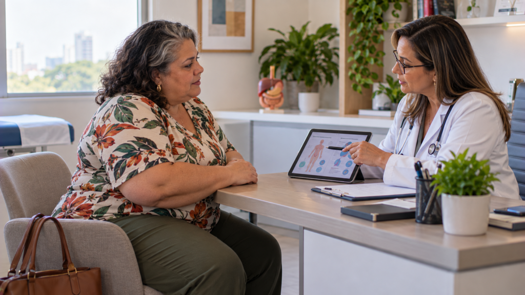 Mulher na menopausa conversando com endocrinologista sobre tratamento da obesidade.